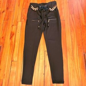 High Waisted Slim Pants/Joggers Gold Heavy Chain Drawstring Gold Zippers - M